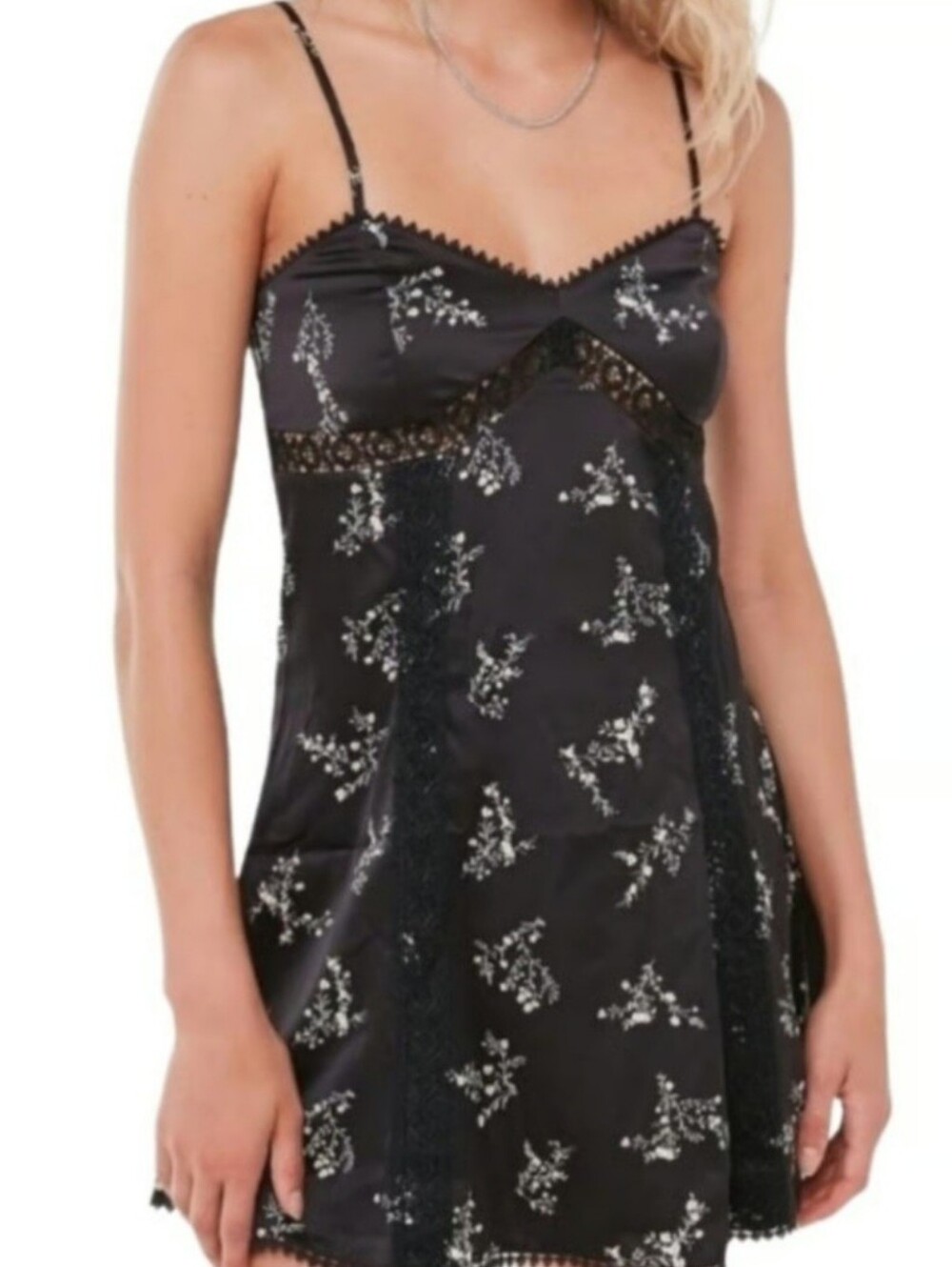 Urban Outfitters Black Satin Floral Lace Mini Slip Dress Size M